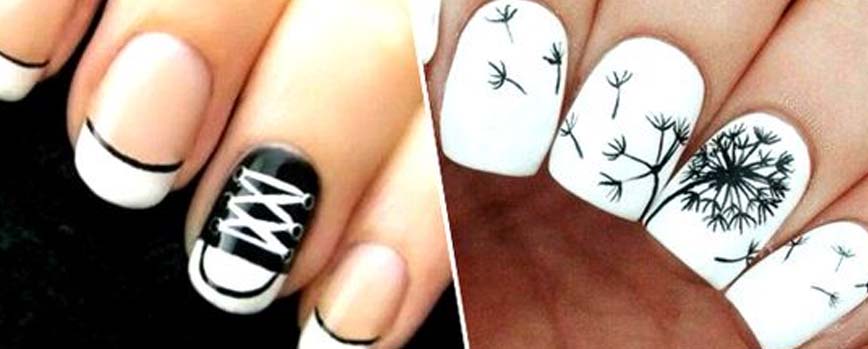 Uñas blancas con dibujos en negro