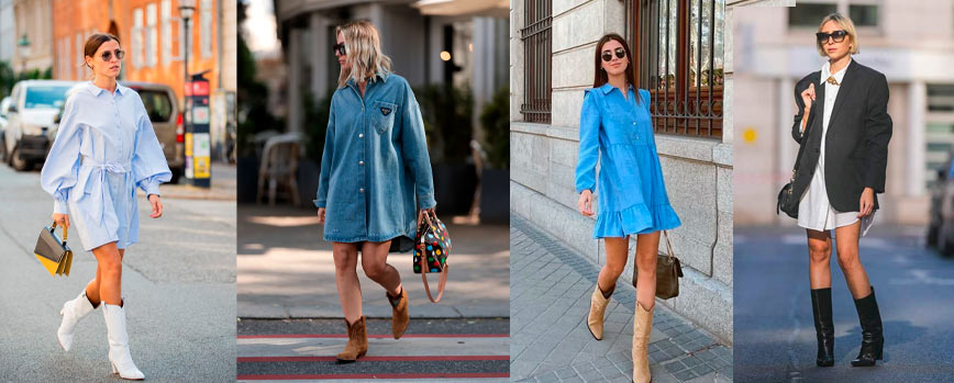 Vestido camisero y botas cowboy