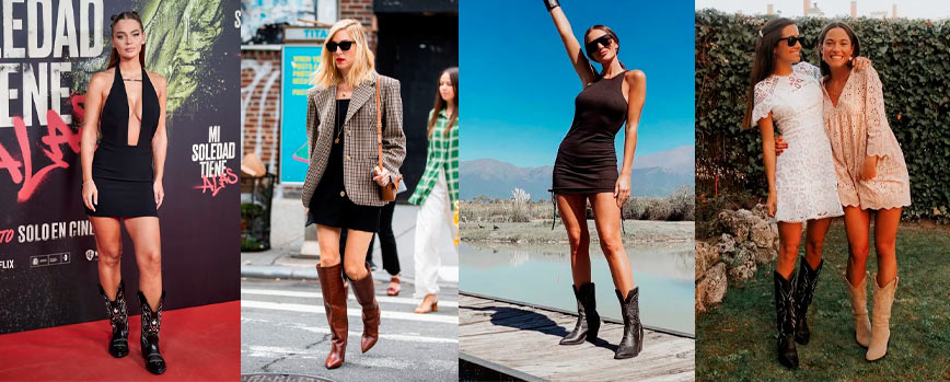 Vestido ajustado y botas cowboy