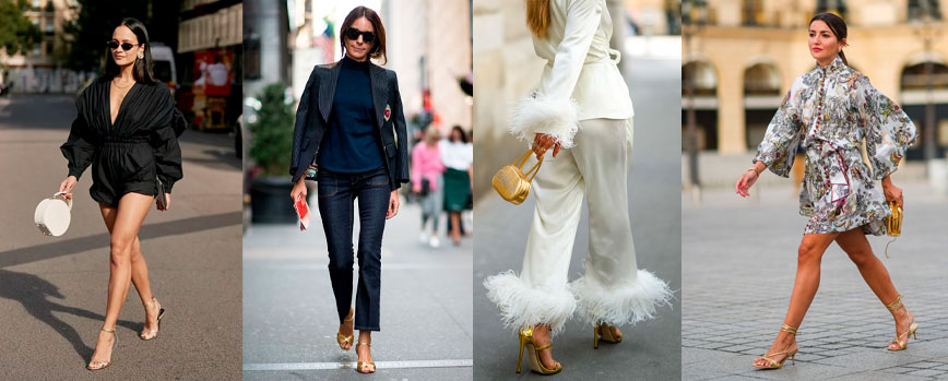 Look clásico con sandalias tacón doradas