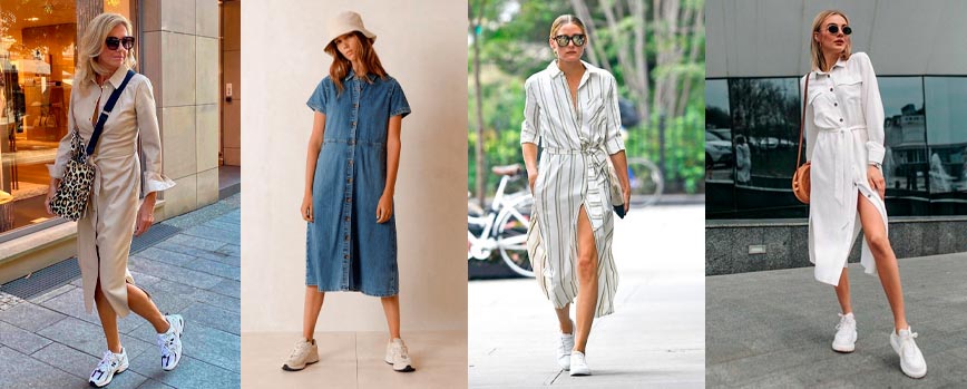 Vestido camisero con zapatillas retro