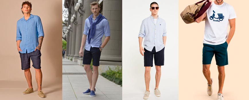 5. Camiseta en tono neutro con bermudas de lino en azul marino