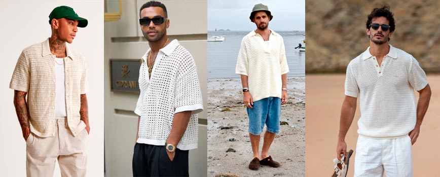 6. Polo ancho de croché con bermudas en color neutro
