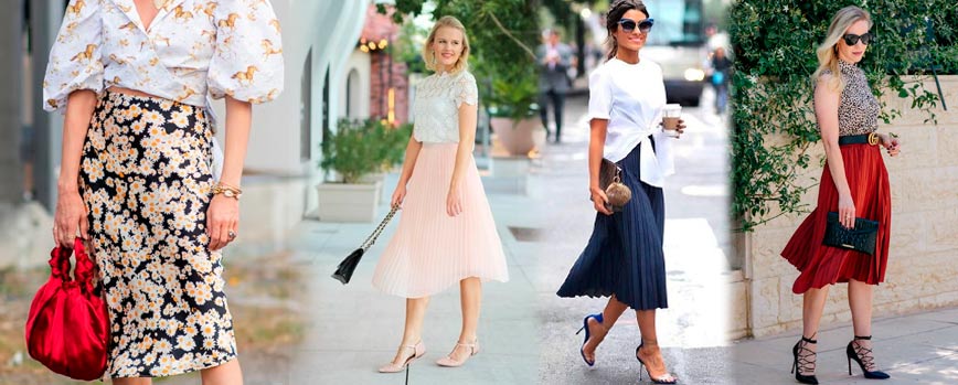 4. Blusa de manga corta con falda midi y sandalias de tacón