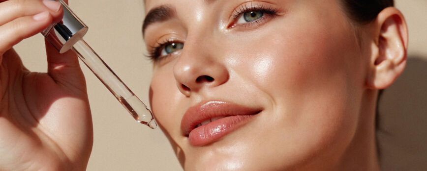 Mujer aplicando suero facial con un gotero