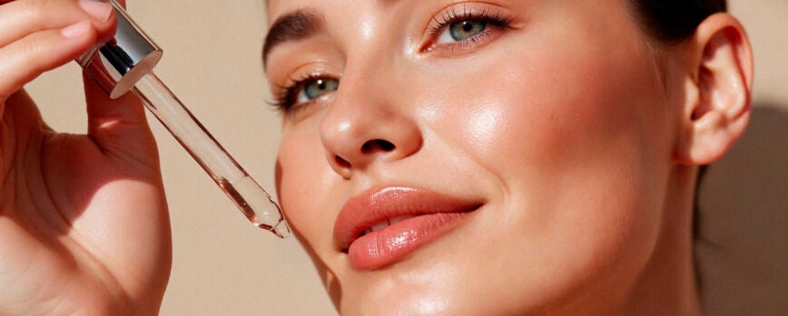 Mujer aplicando suero facial con un gotero