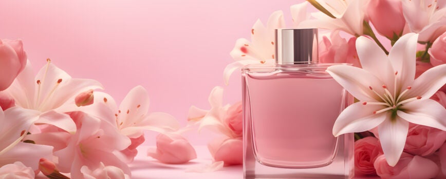 Flores 3d abstractas con frasco de perfume.