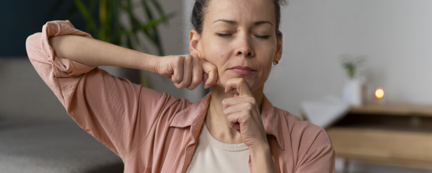 Mujer de tiro medio practicando yoga facial