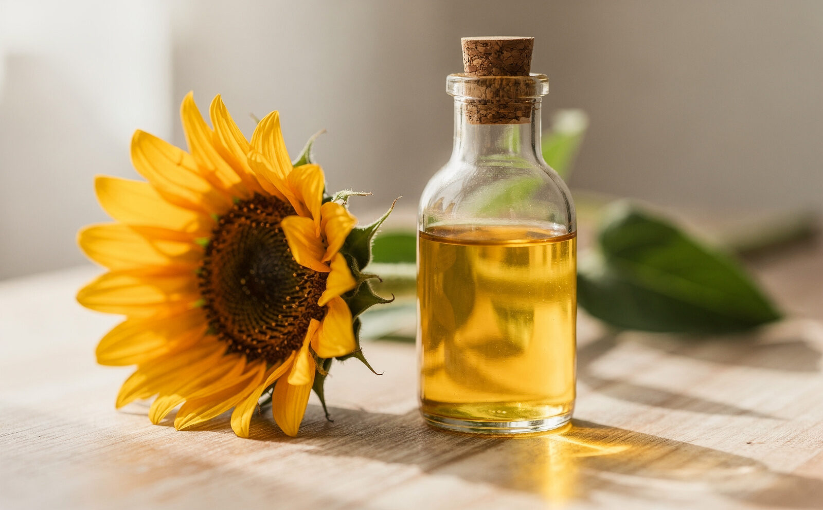 aceite de girasol en la mesa con un girasol al lado