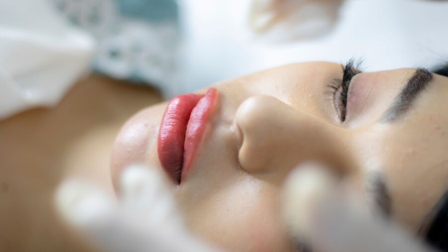 Primer plano de una mujer recibiendo un tratamiento de cuidado de la piel, destacando lápiz labial rojo y pestañas.