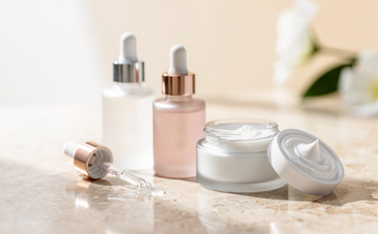 genrame un bodegon de cosmeticos con serums y cremas