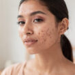 mujer joven con acne en la cara sutil pequeños granitos