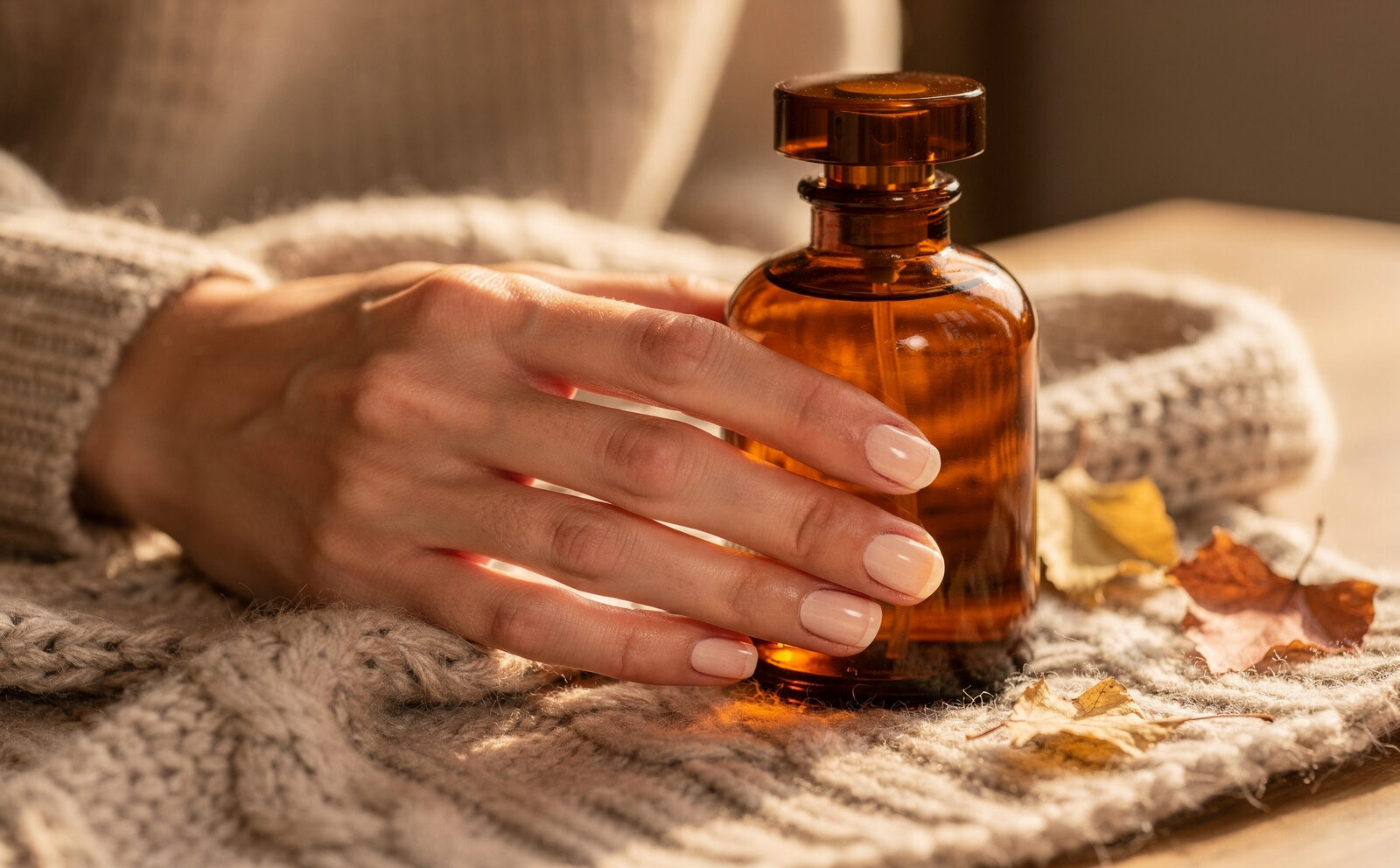Mano sosteniendo un frasco de perfume ámbar junto a un jersey de punto y hojas secas, luz cálida de tarde. Botella genérica o de catálogo, sin imagen de campaña ni rostro famoso.