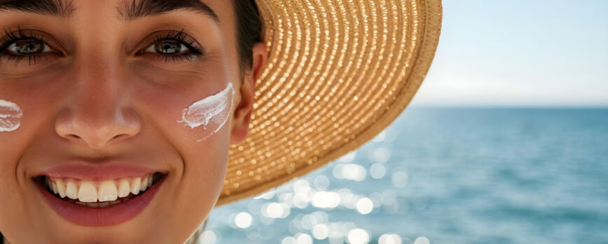 Mujer aplicando protector solar con una sonrisa en la playa