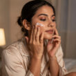 mujer se pone crema facial por la noche