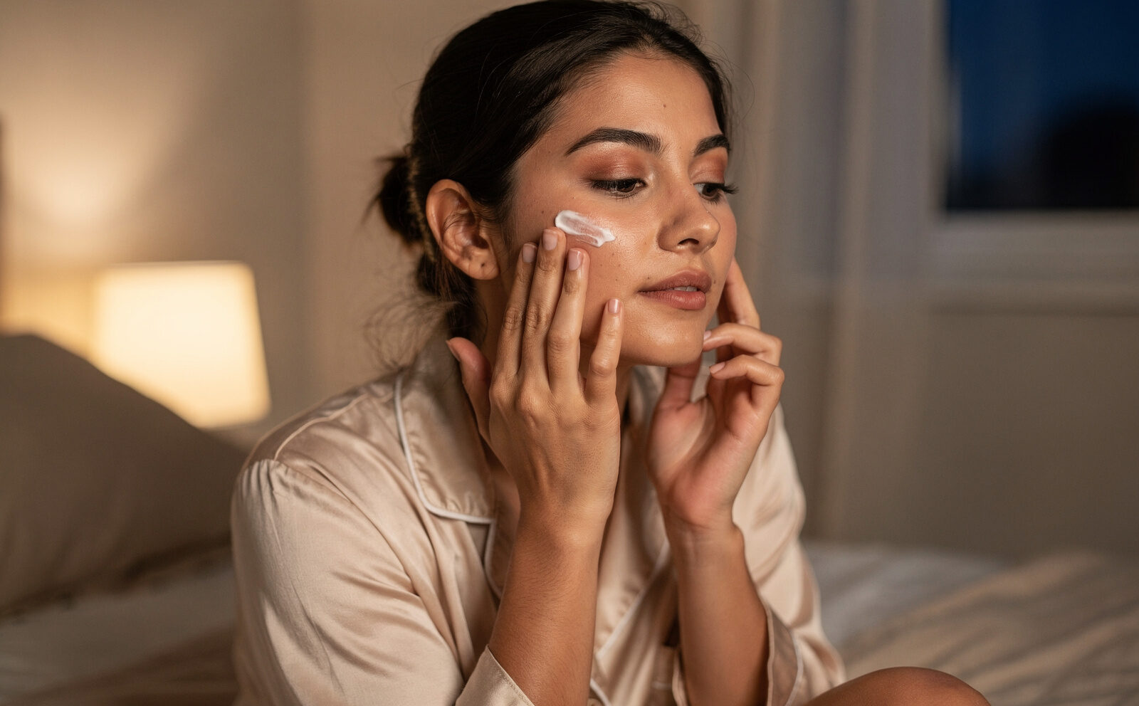 mujer se pone crema facial por la noche