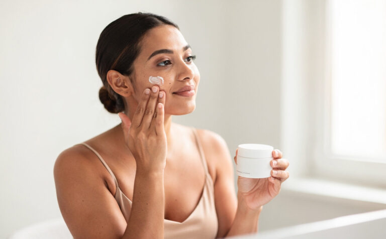 mujer se pone crema en la cara