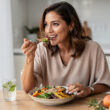 mujer adulta comiendo comida saludable