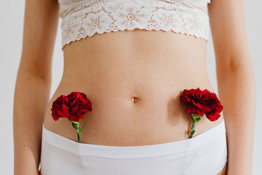 Primer plano conceptual de claveles rojos colocados sobre un cuerpo humano en encaje y ropa interior.