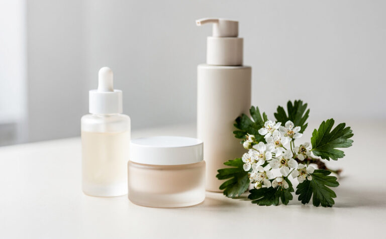productos cosméticos y al lado rama de espino blanco