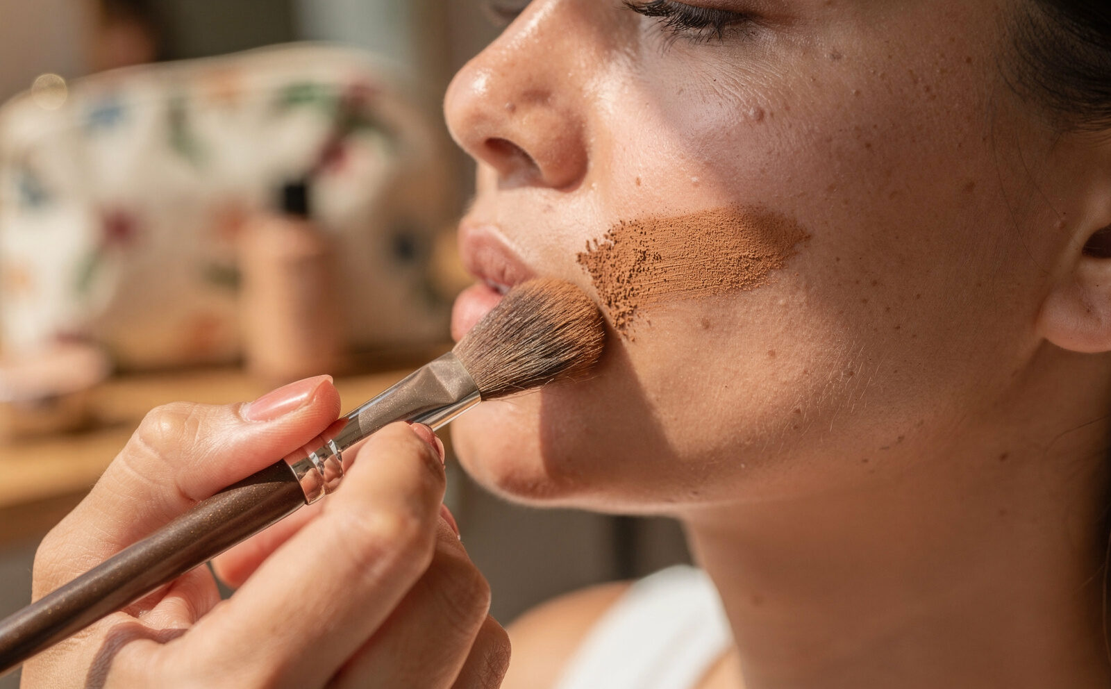 Mano aplicando poca cantidad de polvos bronceadores con brocha sobre el pómulo, sin brillo aún asentado en la piel, fondo neceser de verano desenfocado, luz natural cálida. Sin efecto sunkissed conseguido, sin segunda persona en el encuadre.
