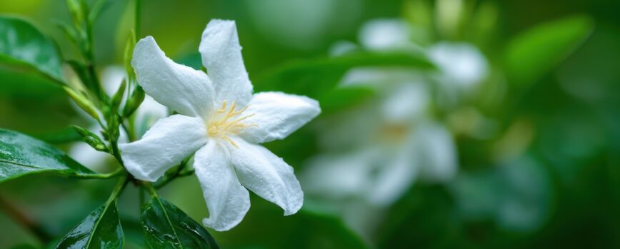 Close-up of a Fresh White Flower with Green Leaves