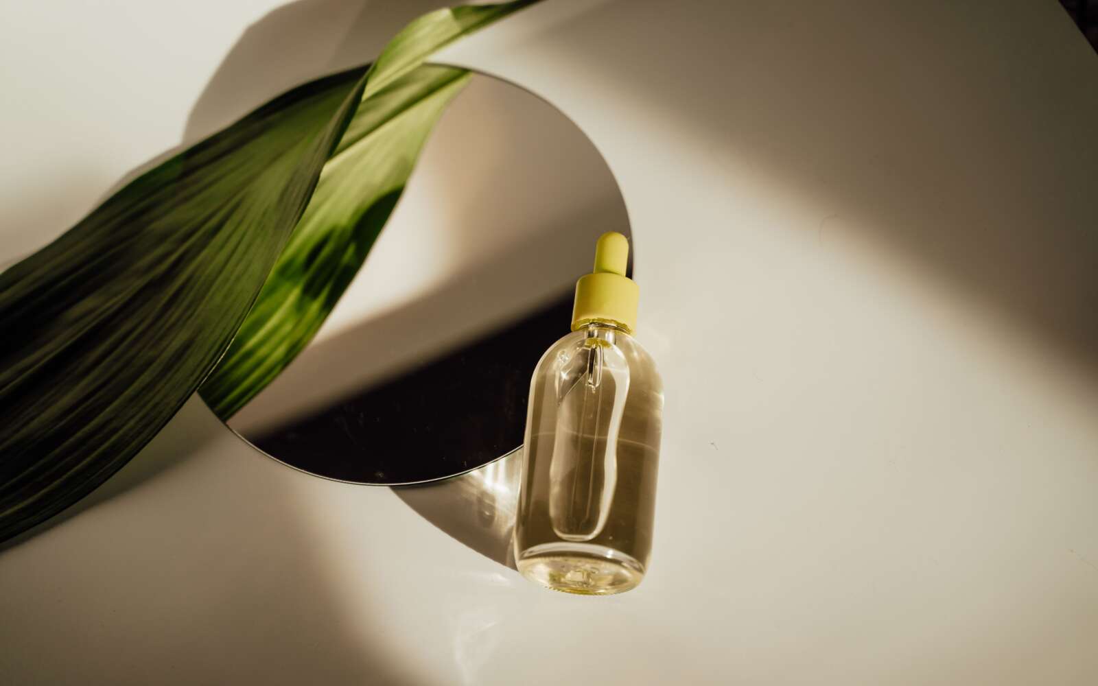 Una imagen minimalista que muestra una botella de suero cosmético transparente junto a una hoja verde en un espejo redondo.