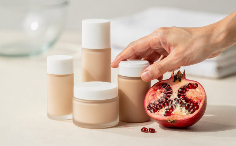 cosmeticos cremas  y al lado una granada fruta