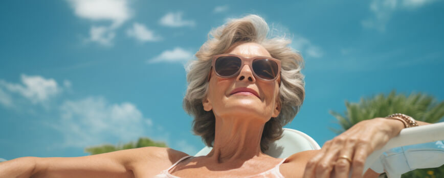 Una anciana relajándose en la playa en verano.