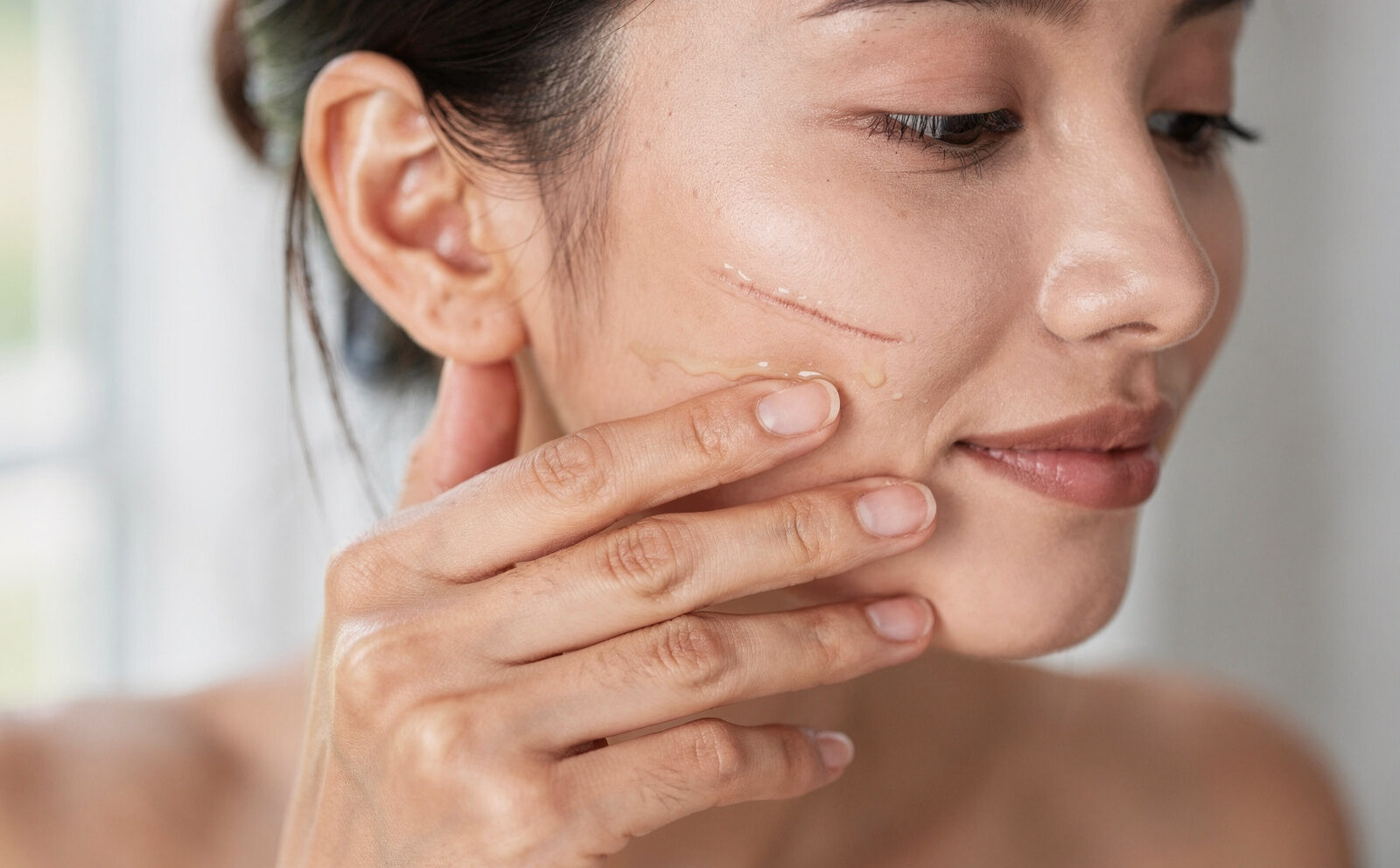 Mujer se aplica aceite cosmética en cicatriz sutil