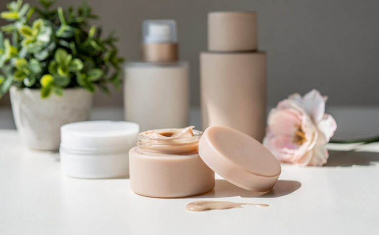 bodegón cosmética con plantita y flor al lado