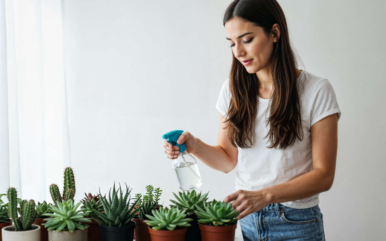 Woman watering her succulents